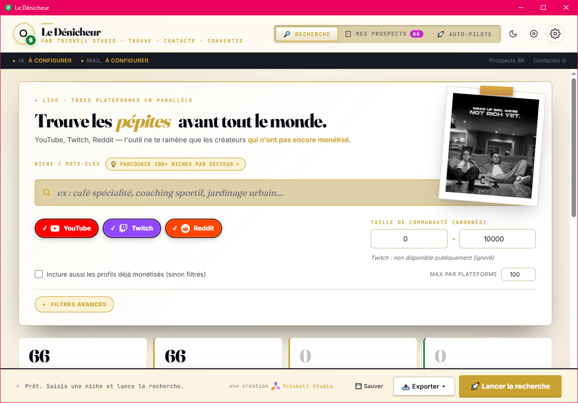 Le Dénicheur — page de recherche multi-plateformes