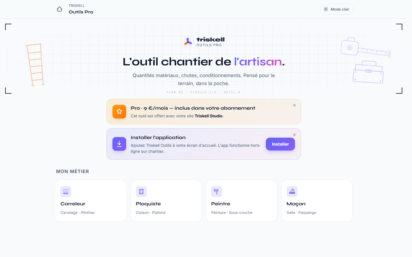 Triskell Outils Pro — accueil avec les 4 métiers