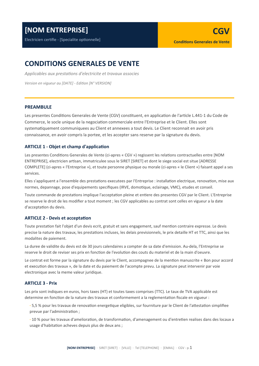 Modèle CGV électricien